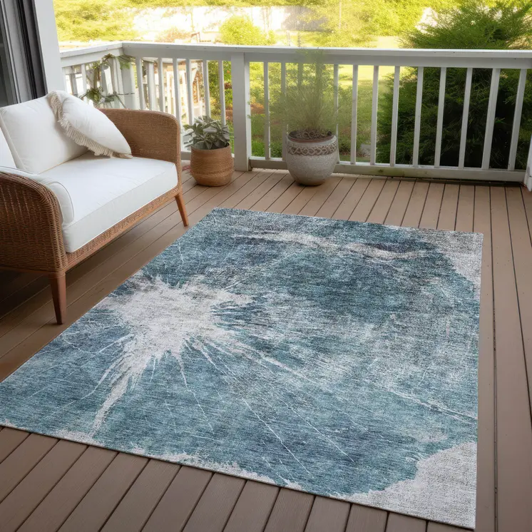 3' X 5' Teal Blue Navy Blue And Gray Abstract Washable Indoor Outdoor Area Rug