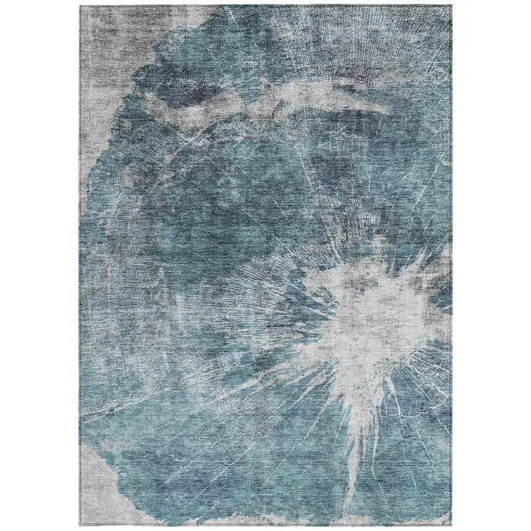 3' X 5' Teal Blue Navy Blue And Gray Abstract Washable Indoor Outdoor Area Rug