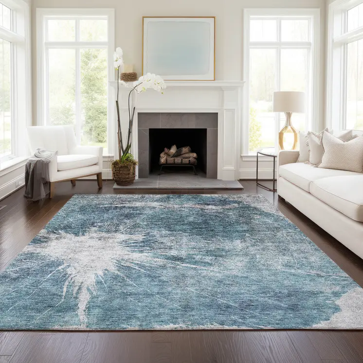 3' X 5' Teal Blue Navy Blue And Gray Abstract Washable Indoor Outdoor Area Rug