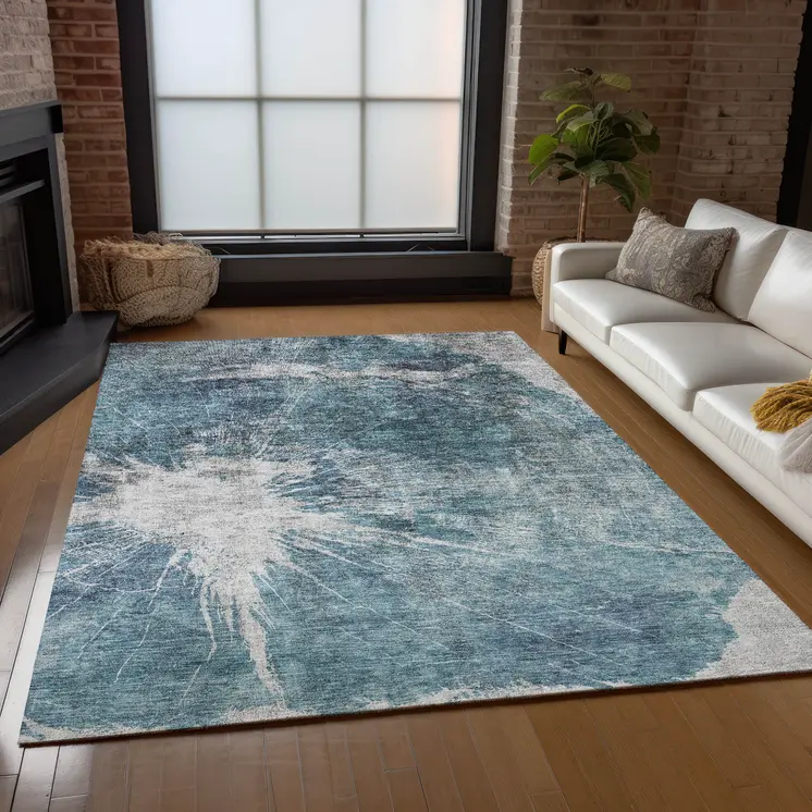 3' X 5' Teal Blue Navy Blue And Gray Abstract Washable Indoor Outdoor Area Rug