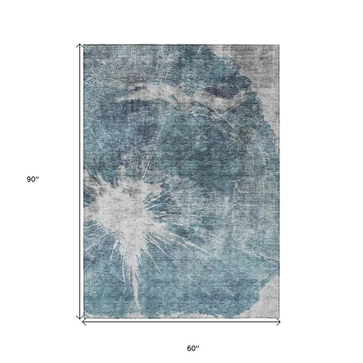 5' X 8' Teal Blue Navy Blue And Gray Abstract Washable Indoor Outdoor Area Rug
