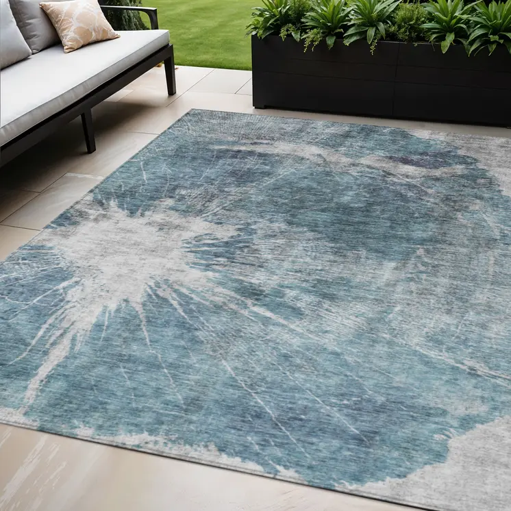 5' X 8' Teal Blue Navy Blue And Gray Abstract Washable Indoor Outdoor Area Rug