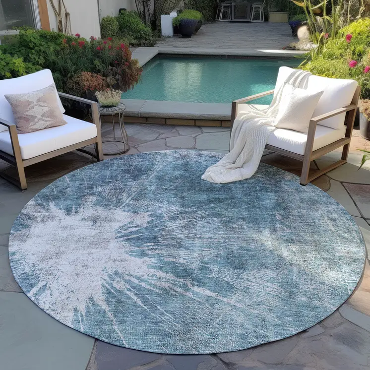 8' Teal Blue Navy Blue And Gray Round Abstract Washable Indoor Outdoor Area Rug