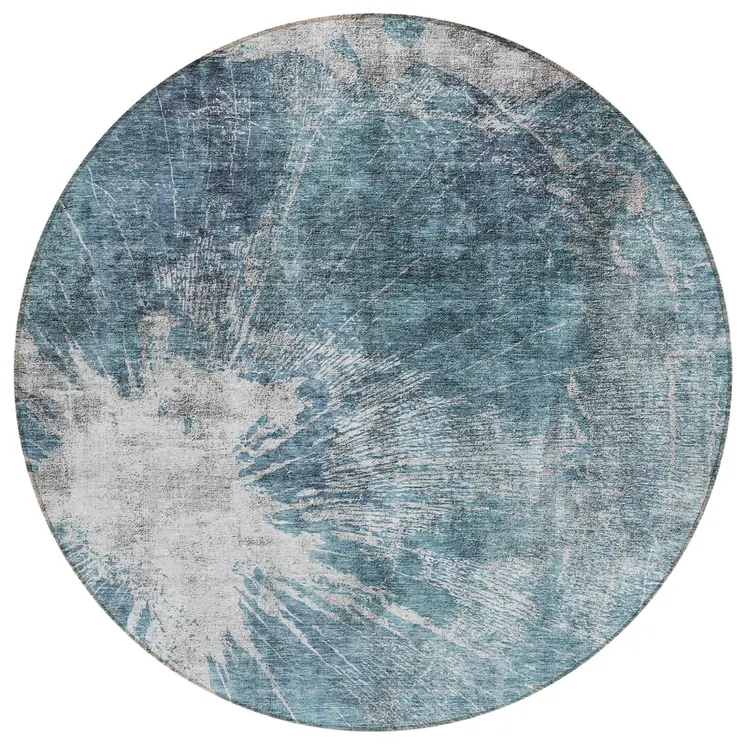 8' Teal Blue Navy Blue And Gray Round Abstract Washable Indoor Outdoor Area Rug