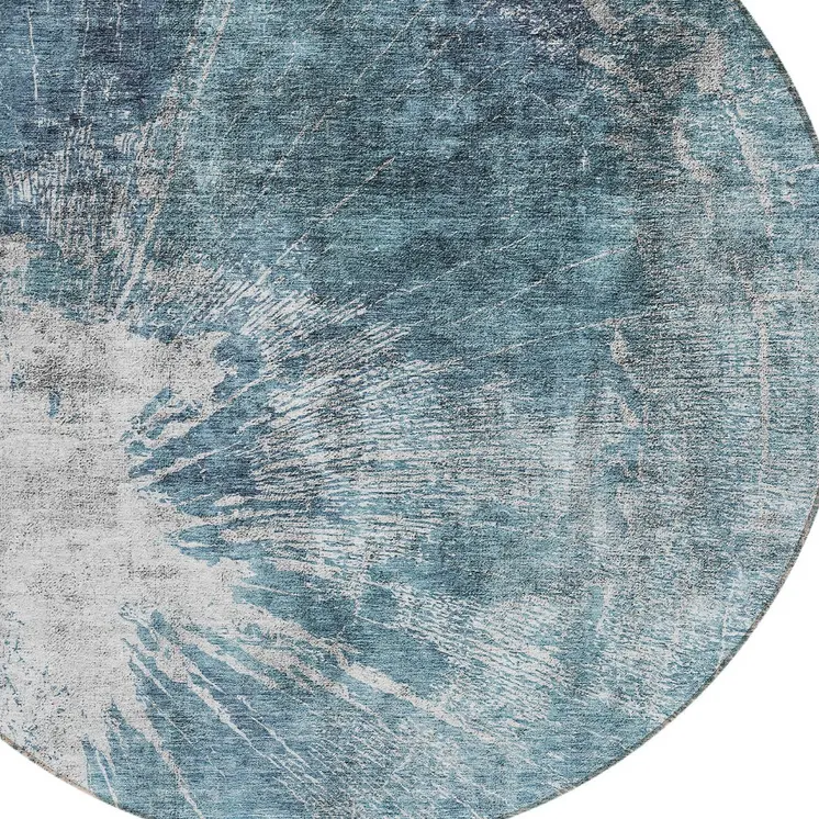 8' Teal Blue Navy Blue And Gray Round Abstract Washable Indoor Outdoor Area Rug