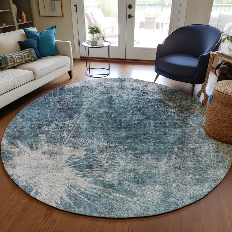 8' Teal Blue Navy Blue And Gray Round Abstract Washable Indoor Outdoor Area Rug