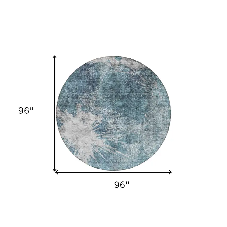 8' Teal Blue Navy Blue And Gray Round Abstract Washable Indoor Outdoor Area Rug