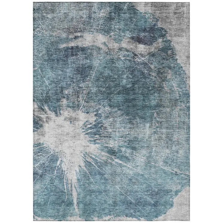 10' X 14' Teal Blue Navy Blue And Gray Abstract Washable Indoor Outdoor Area Rug