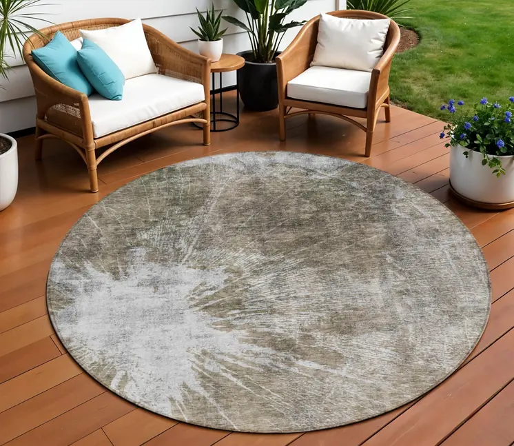 8' Taupe Brown And Beige Round Abstract Washable Indoor Outdoor Area Rug