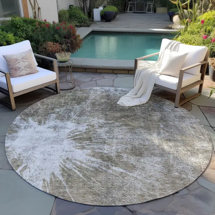 8' Taupe Brown And Beige Round Abstract Washable Indoor Outdoor Area Rug