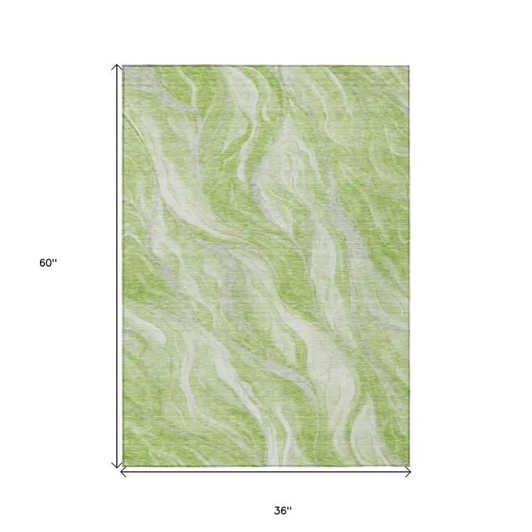 3' X 5' Green And Ivory Abstract Washable Indoor Outdoor Area Rug