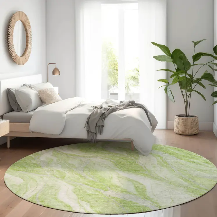 8' Green And Ivory Round Abstract Washable Indoor Outdoor Area Rug