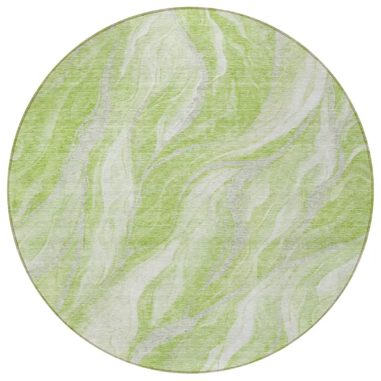 8' Green And Ivory Round Abstract Washable Indoor Outdoor Area Rug