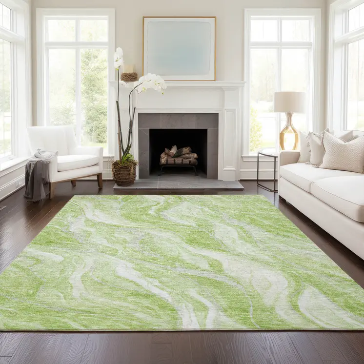 8' X 10' Green And Ivory Abstract Washable Indoor Outdoor Area Rug