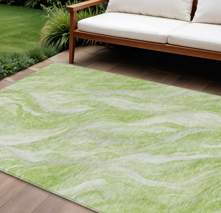 10' X 14' Green And Ivory Abstract Washable Indoor Outdoor Area Rug