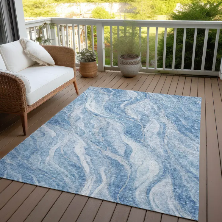 3' X 5' Denim Blue And Sky Blue Abstract Washable Indoor Outdoor Area Rug