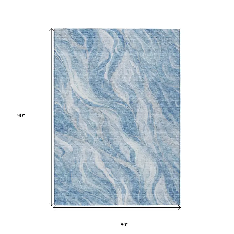 5' X 8' Denim Blue And Sky Blue Abstract Washable Indoor Outdoor Area Rug