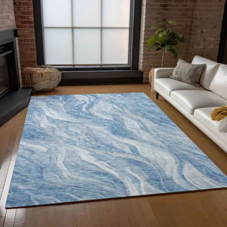 5' X 8' Denim Blue And Sky Blue Abstract Washable Indoor Outdoor Area Rug