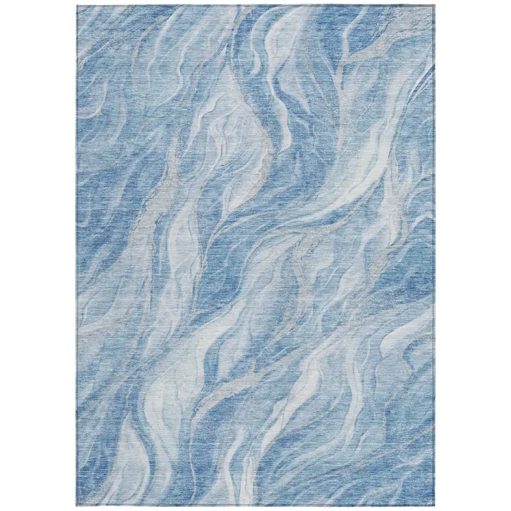 8' X 10' Denim Blue And Sky Blue Abstract Washable Indoor Outdoor Area Rug
