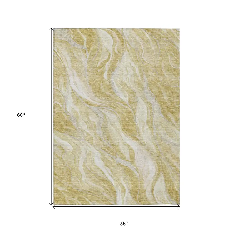 3' X 5' Gold Beige And Ivory Abstract Washable Indoor Outdoor Area Rug