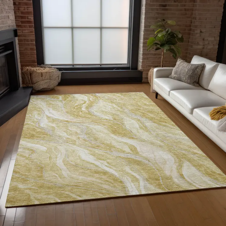 3' X 5' Gold Beige And Ivory Abstract Washable Indoor Outdoor Area Rug