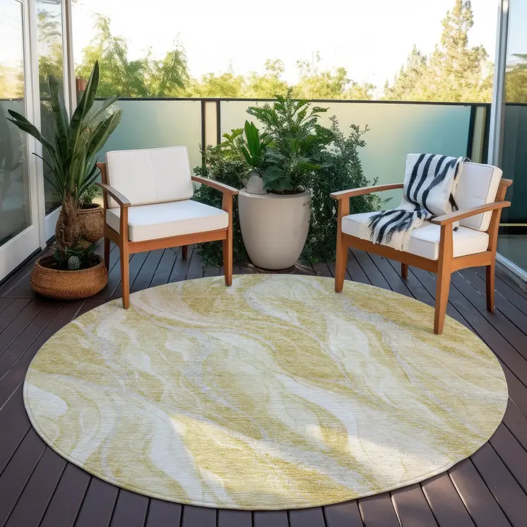 8' Gold Beige And Ivory Round Abstract Washable Indoor Outdoor Area Rug