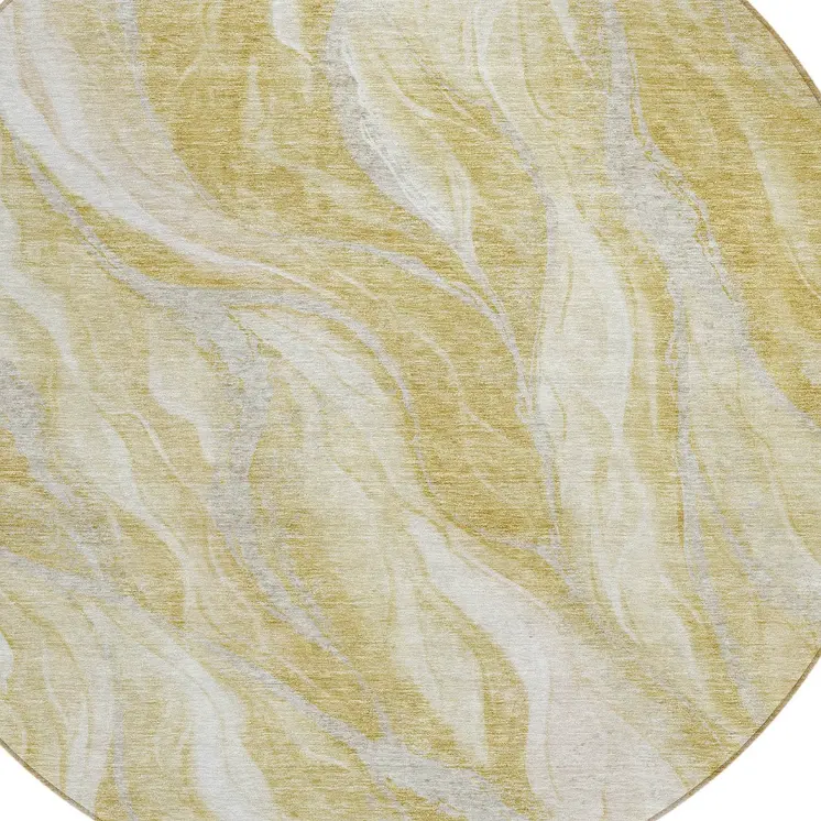 8' Gold Beige And Ivory Round Abstract Washable Indoor Outdoor Area Rug