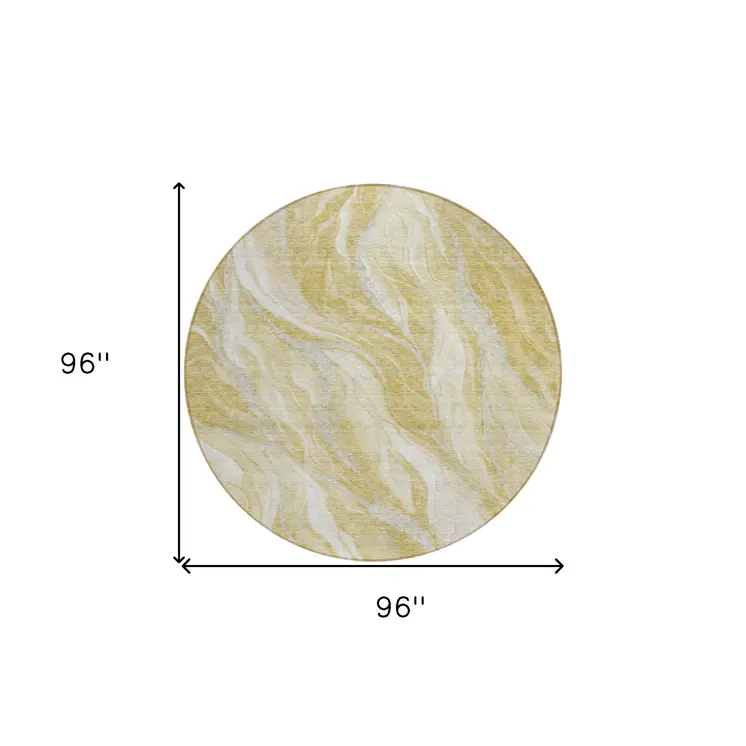 8' Gold Beige And Ivory Round Abstract Washable Indoor Outdoor Area Rug