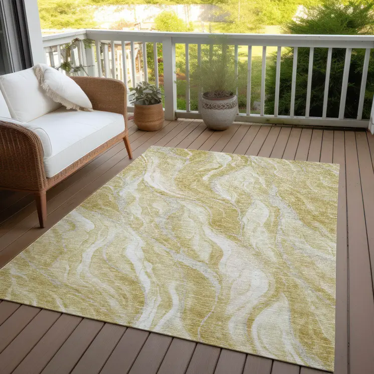8' X 10' Gold Beige And Ivory Abstract Washable Indoor Outdoor Area Rug