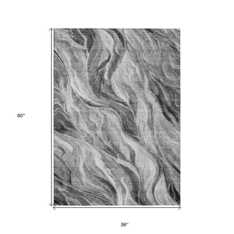 3' X 5' Gray Charcoal And Ivory Abstract Washable Indoor Outdoor Area Rug
