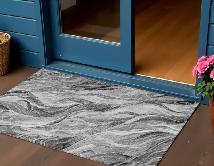 3' X 5' Gray Charcoal And Ivory Abstract Washable Indoor Outdoor Area Rug