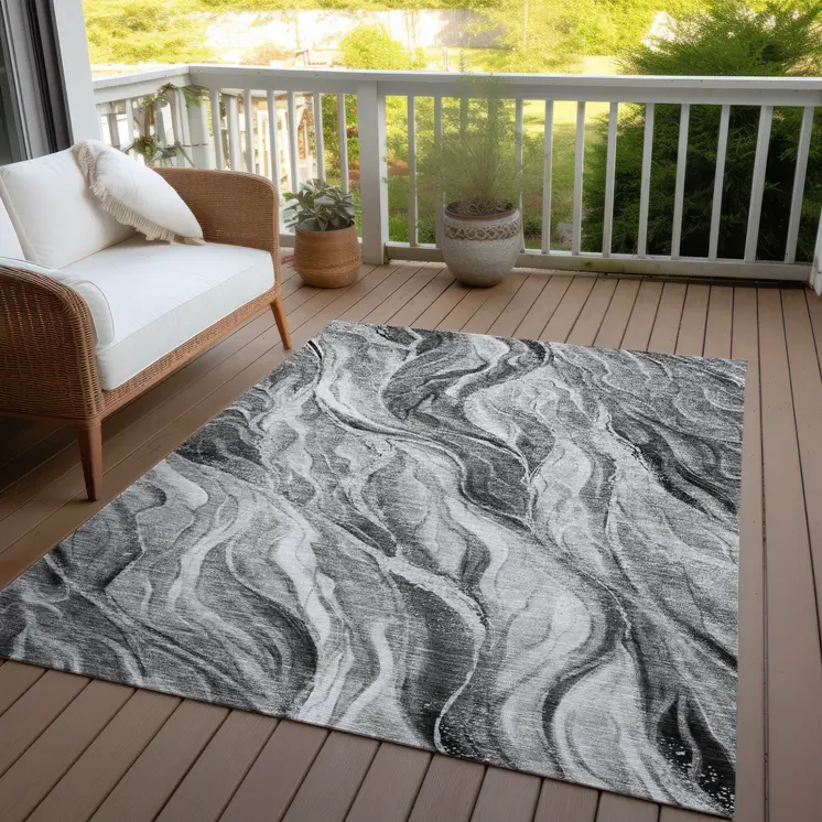 5' X 8' Gray Charcoal And Ivory Abstract Washable Indoor Outdoor Area Rug