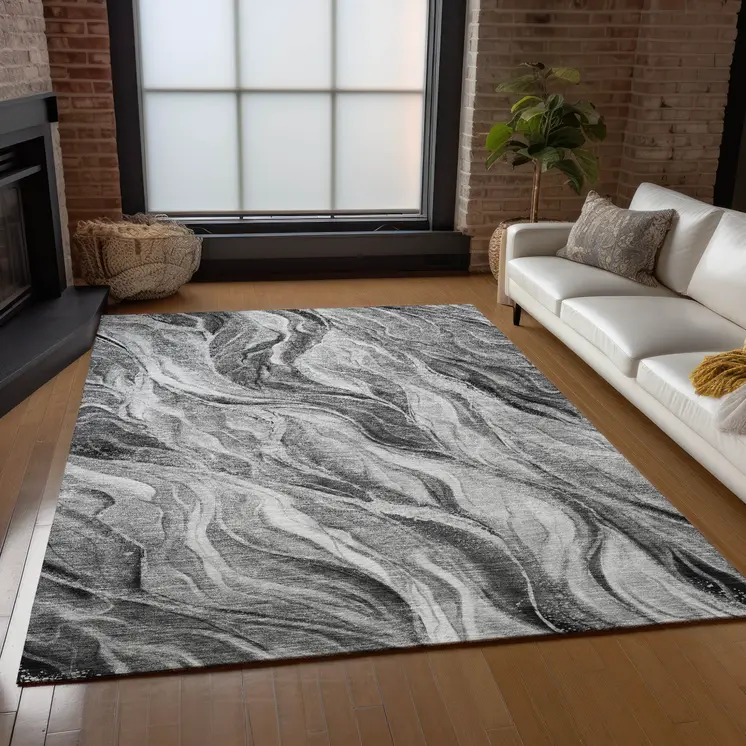 5' X 8' Gray Charcoal And Ivory Abstract Washable Indoor Outdoor Area Rug
