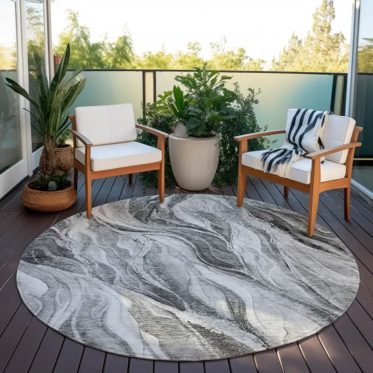 8' Gray Charcoal And Ivory Round Abstract Washable Indoor Outdoor Area Rug