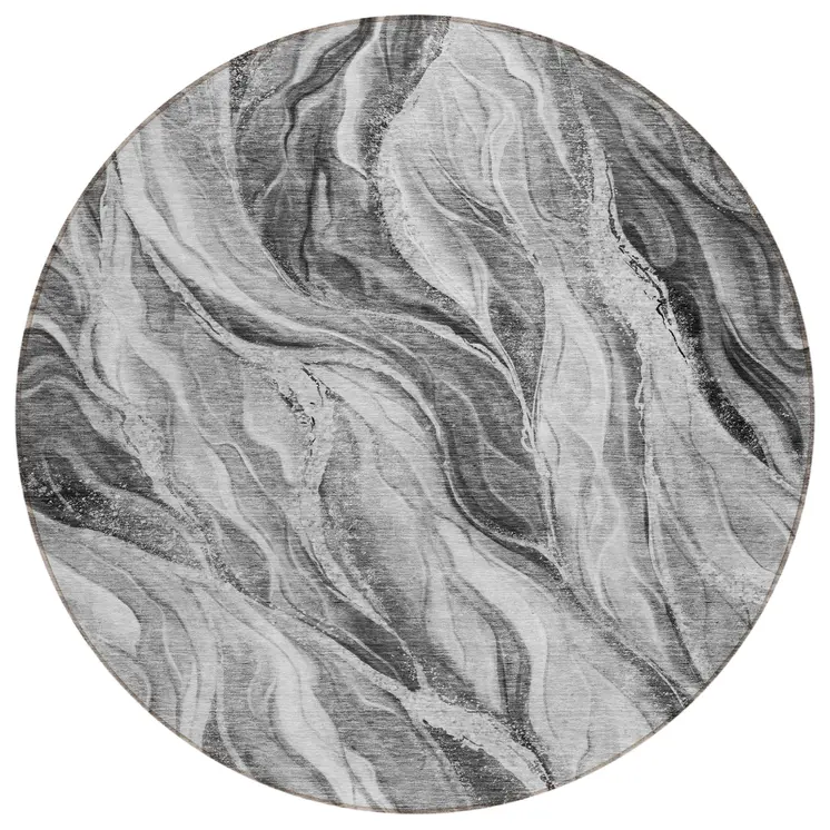 8' Gray Charcoal And Ivory Round Abstract Washable Indoor Outdoor Area Rug