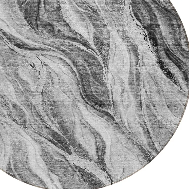 8' Gray Charcoal And Ivory Round Abstract Washable Indoor Outdoor Area Rug