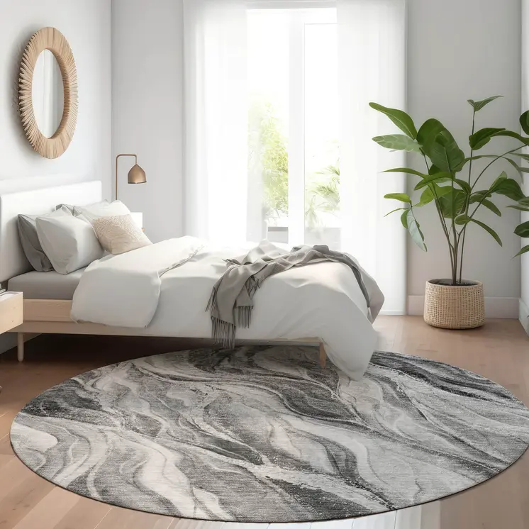 8' Gray Charcoal And Ivory Round Abstract Washable Indoor Outdoor Area Rug