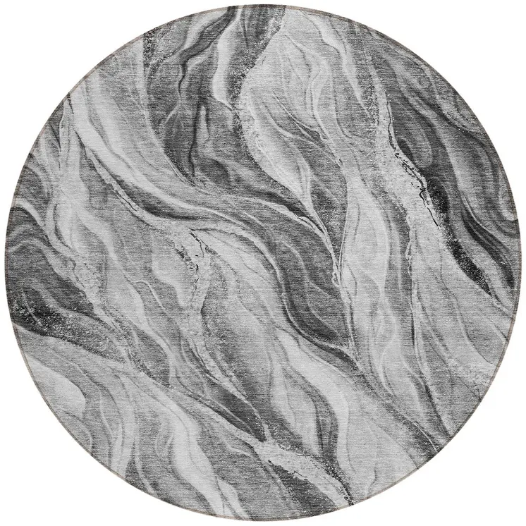 8' Gray Charcoal And Ivory Round Abstract Washable Indoor Outdoor Area Rug