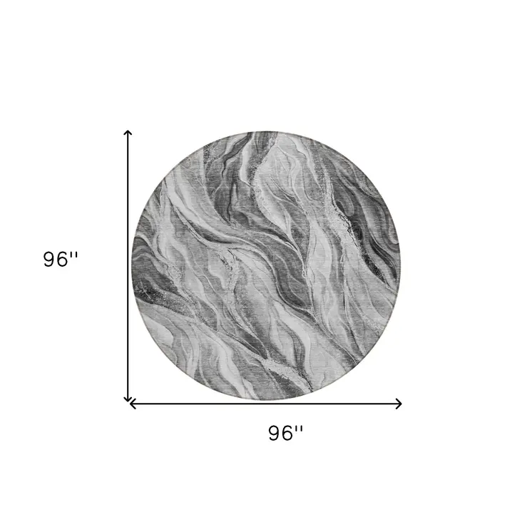 8' Gray Charcoal And Ivory Round Abstract Washable Indoor Outdoor Area Rug