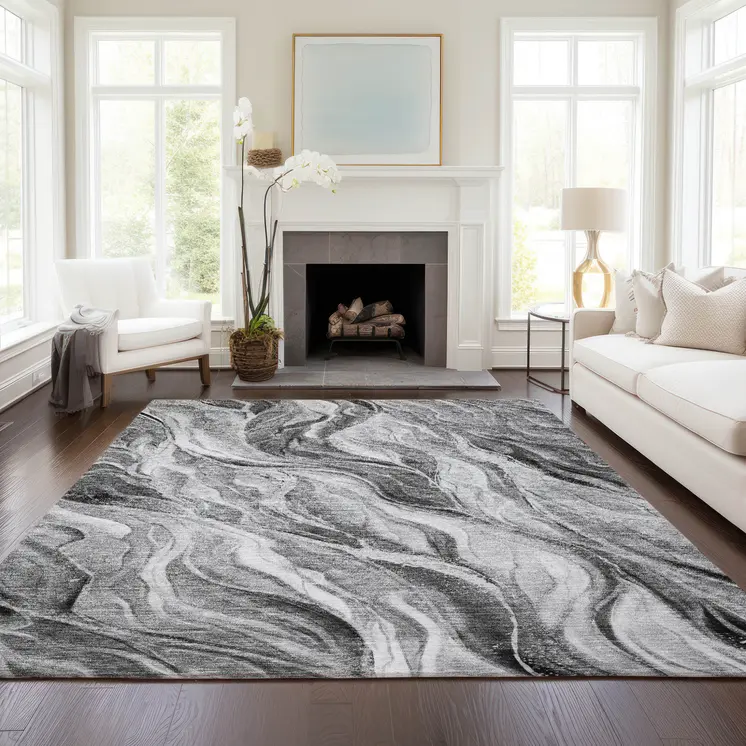 9' X 12' Gray Charcoal And Ivory Abstract Washable Indoor Outdoor Area Rug