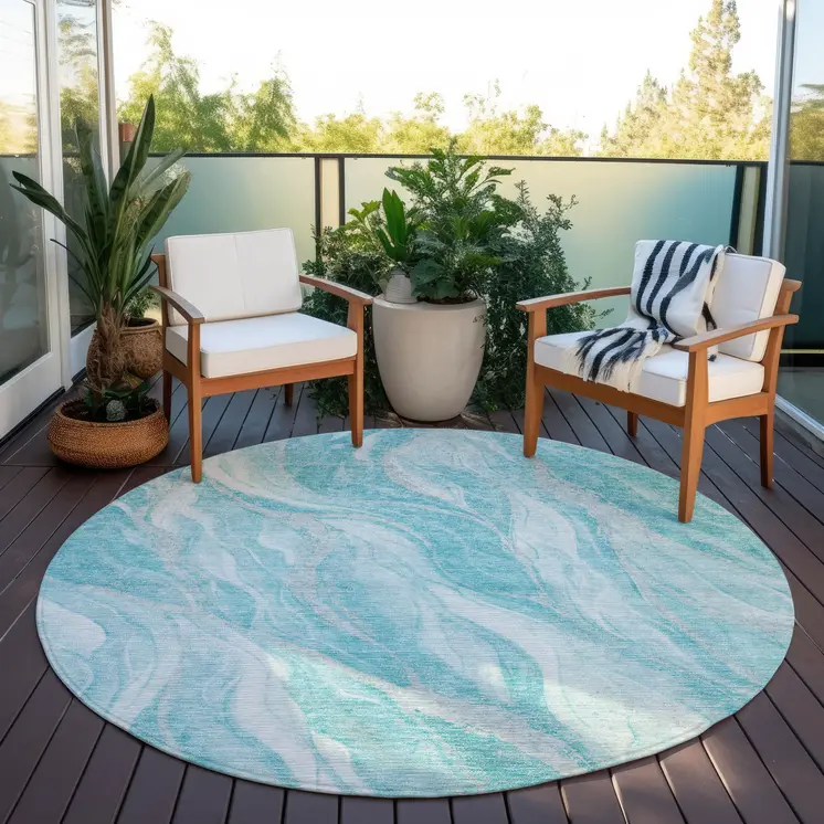 8' Teal Blue Aqua And Ivory Round Abstract Washable Indoor Outdoor Area Rug