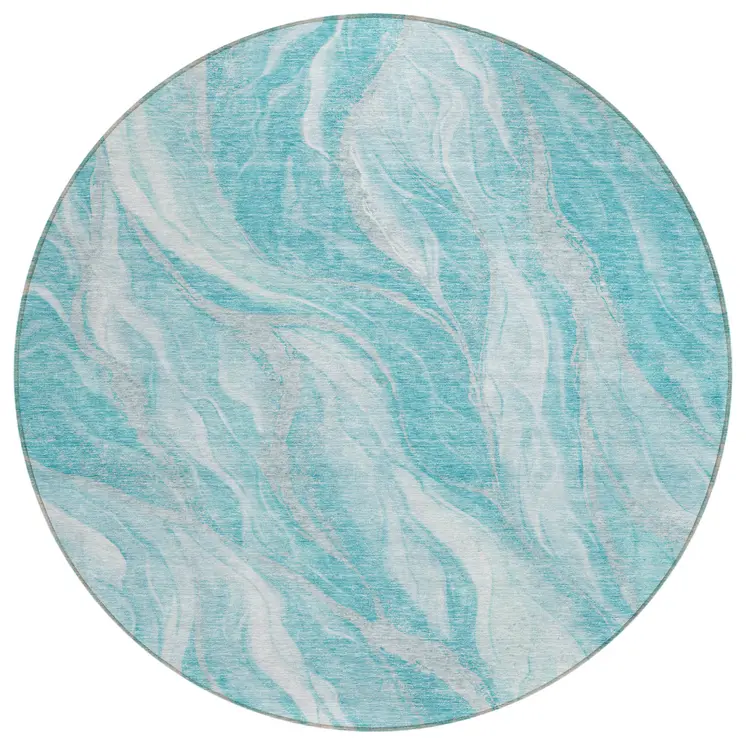 8' Teal Blue Aqua And Ivory Round Abstract Washable Indoor Outdoor Area Rug