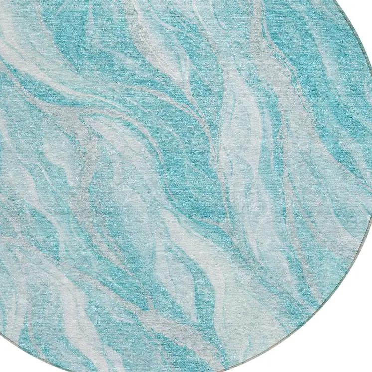 8' Teal Blue Aqua And Ivory Round Abstract Washable Indoor Outdoor Area Rug