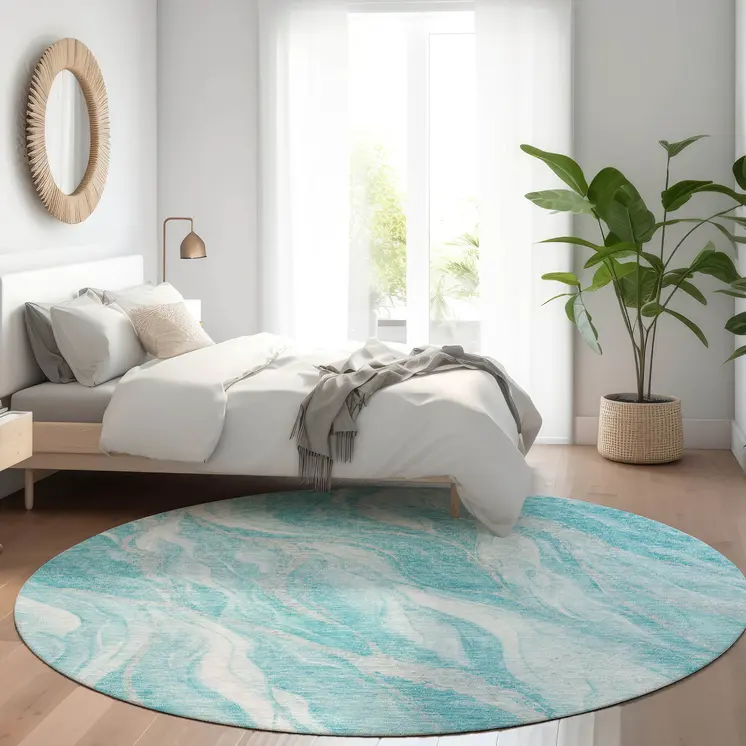 8' Teal Blue Aqua And Ivory Round Abstract Washable Indoor Outdoor Area Rug