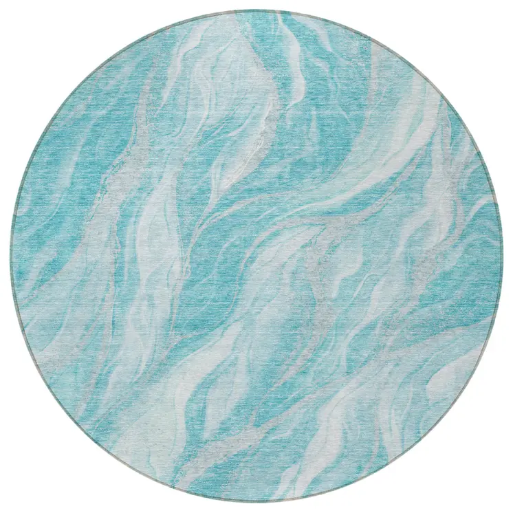 8' Teal Blue Aqua And Ivory Round Abstract Washable Indoor Outdoor Area Rug