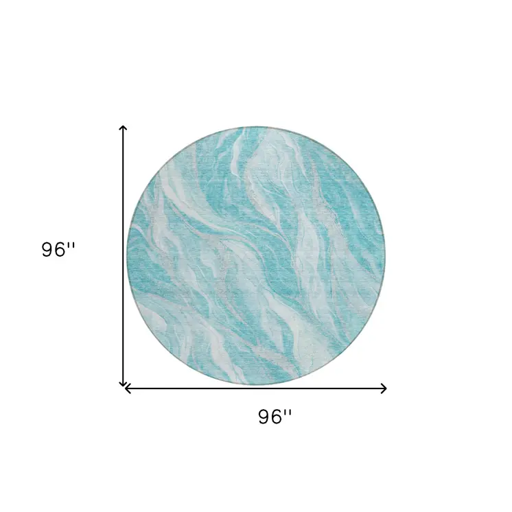 8' Teal Blue Aqua And Ivory Round Abstract Washable Indoor Outdoor Area Rug