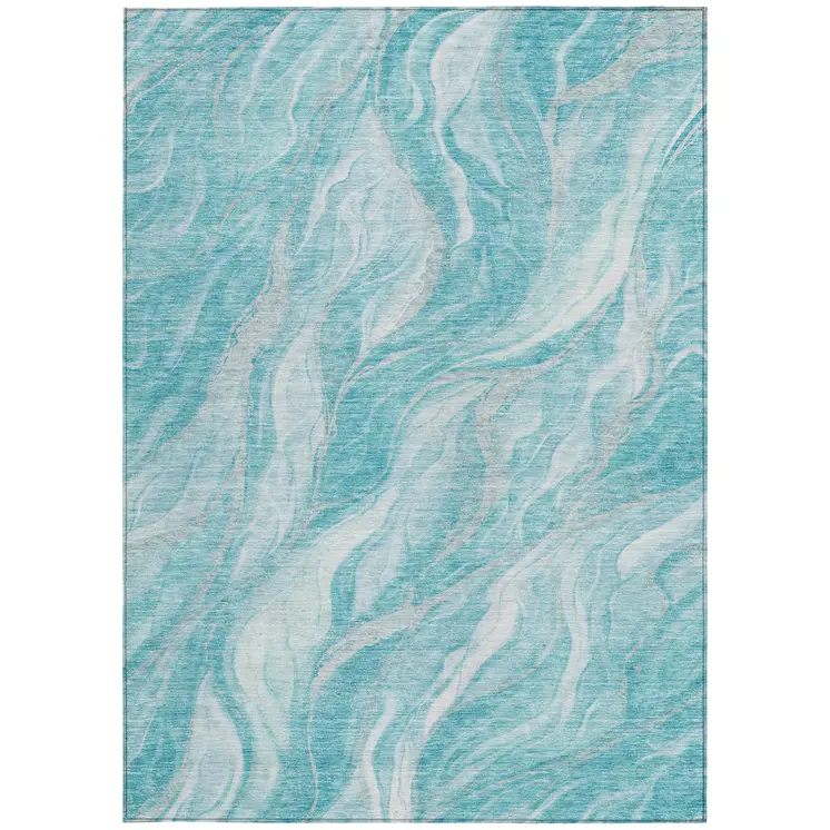 9' X 12' Teal Blue Aqua And Ivory Abstract Washable Indoor Outdoor Area Rug