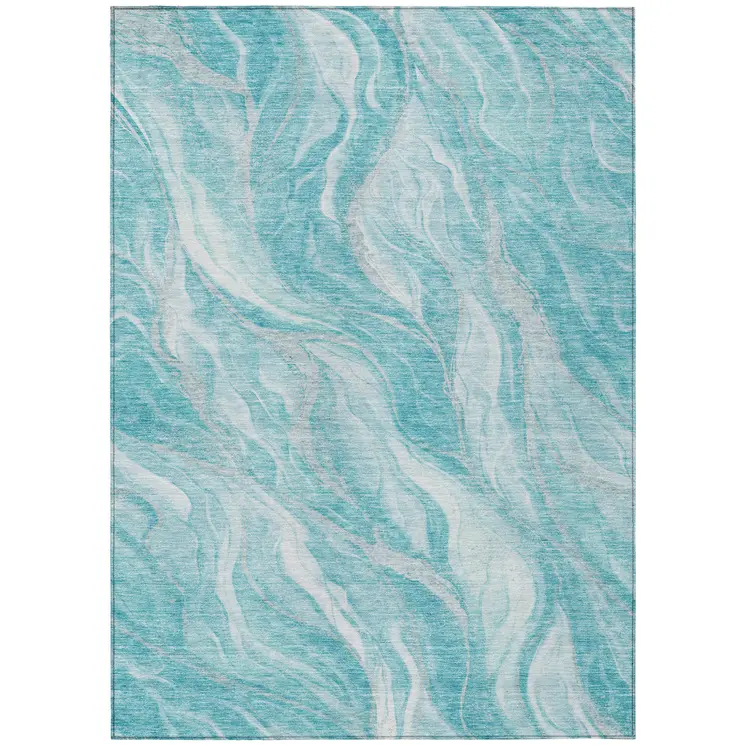9' X 12' Teal Blue Aqua And Ivory Abstract Washable Indoor Outdoor Area Rug
