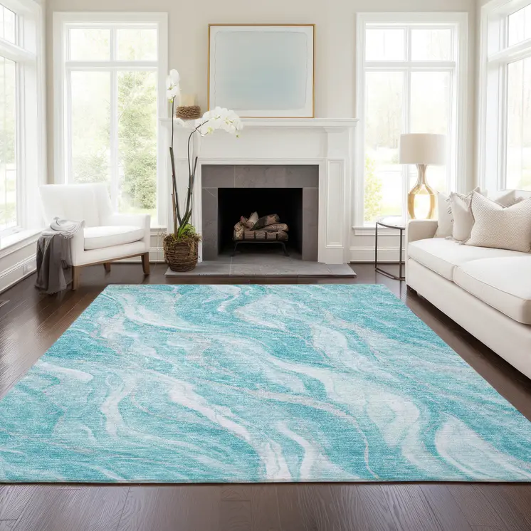 9' X 12' Teal Blue Aqua And Ivory Abstract Washable Indoor Outdoor Area Rug