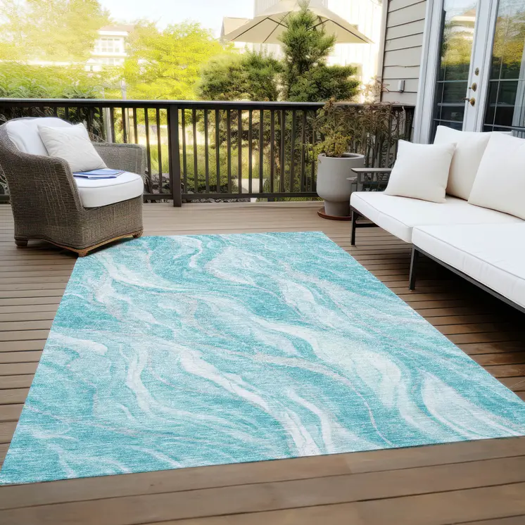 9' X 12' Teal Blue Aqua And Ivory Abstract Washable Indoor Outdoor Area Rug